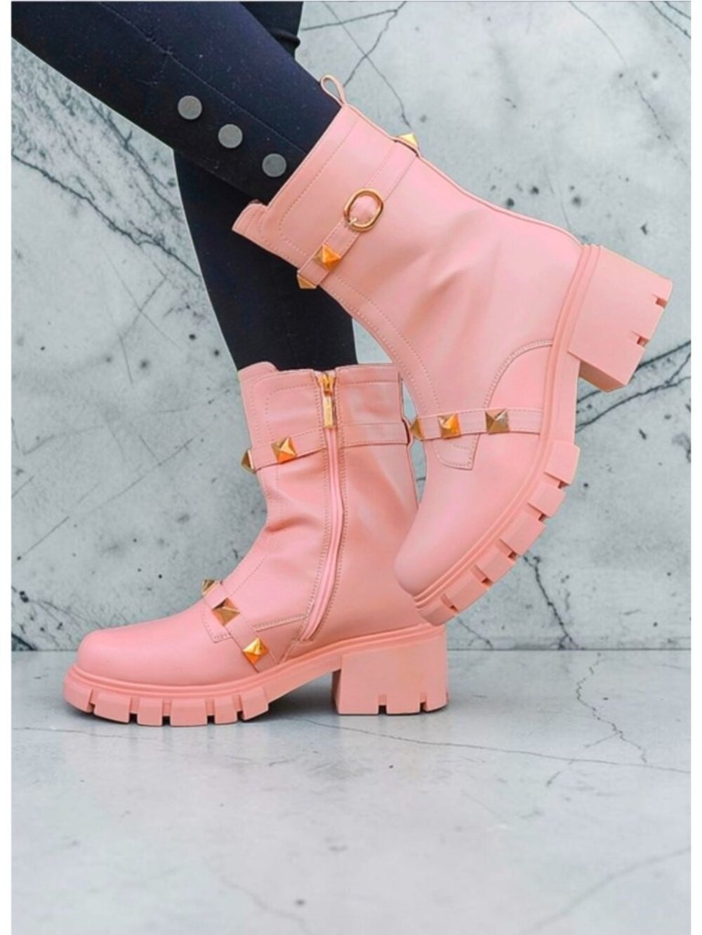 Pink Chunky Heel Ankle Boots With Gold Studded Straps & Side Zipper Closure For